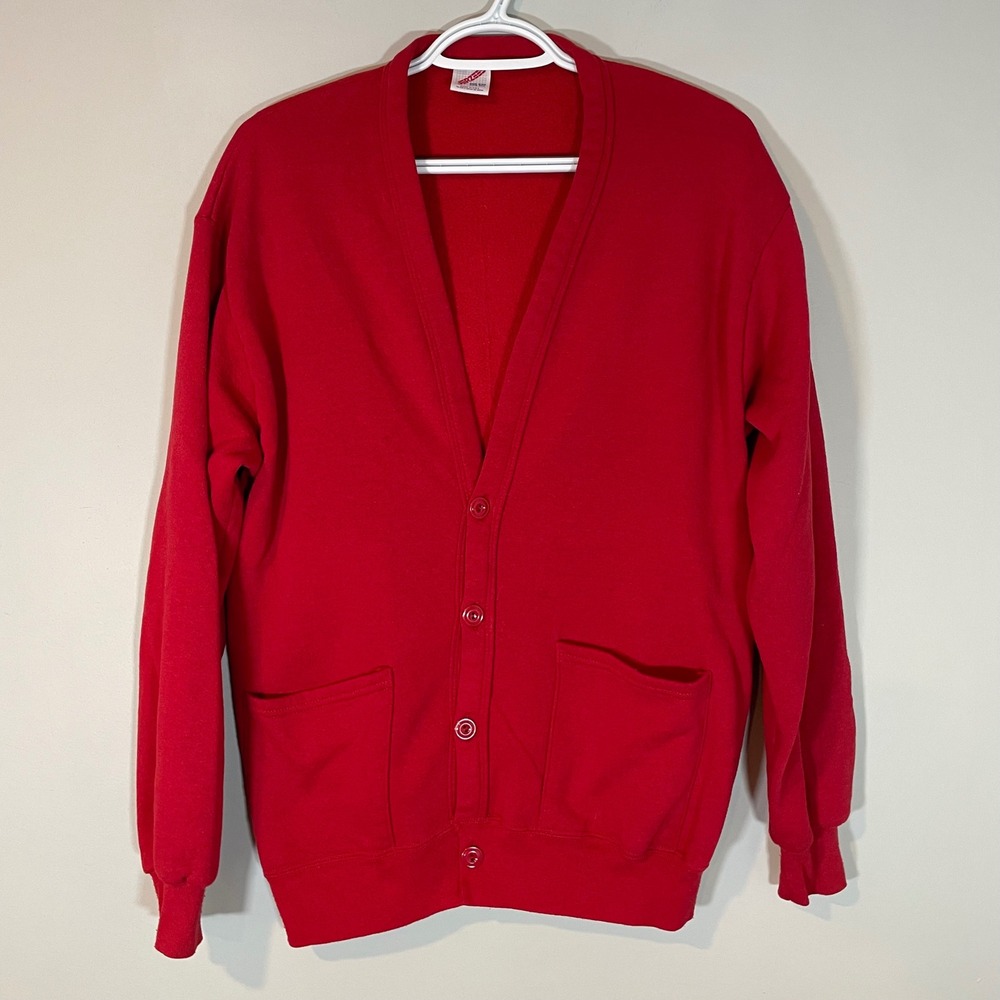 Vintage 90s‎ Jerzees Red Cardigan Sweatshirt USA One Size Fleece 4 Button